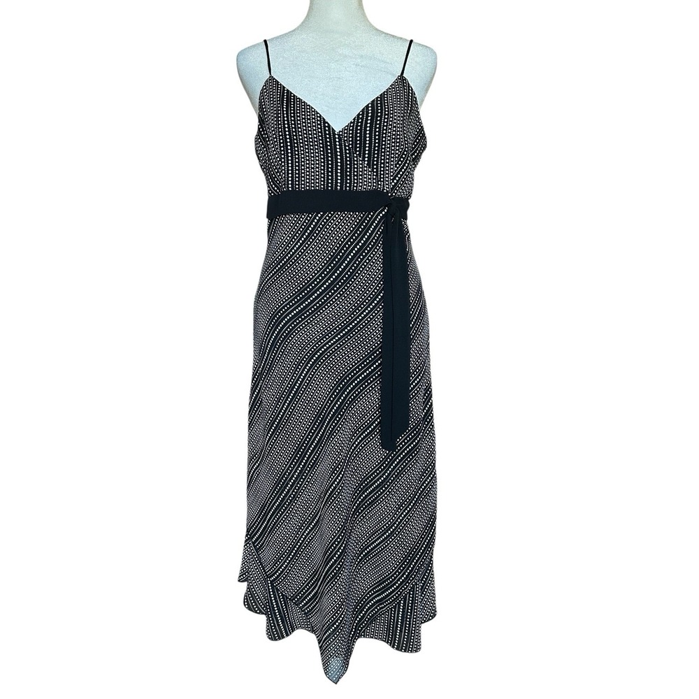 Vintage Y2K Rave USA Black White Abstract Polka Dot Midi Dress Asym Hem M